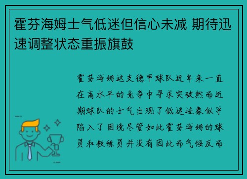 霍芬海姆士气低迷但信心未减 期待迅速调整状态重振旗鼓 霍芬海姆士气低迷但信心未减 期待迅速调整状态重振旗鼓