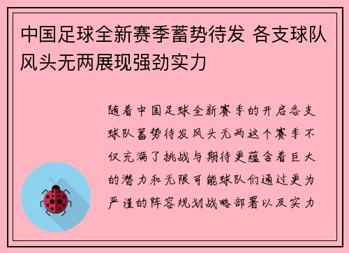 中国足球全新赛季蓄势待发 各支球队风头无两展现强劲实力